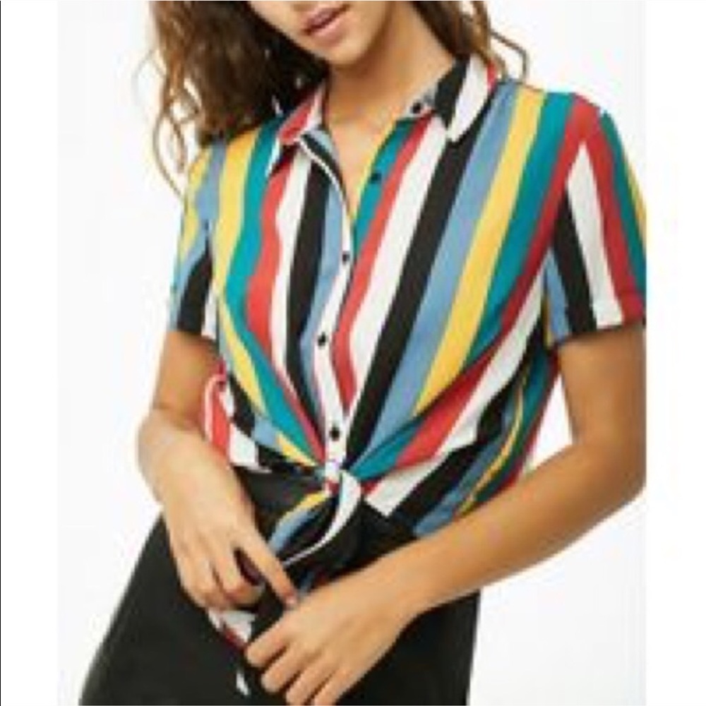 Striped Boxy Tie Button Up Blouse